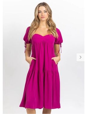Amanda Uprichard Magenta Midi Dress with Puff Sleeves